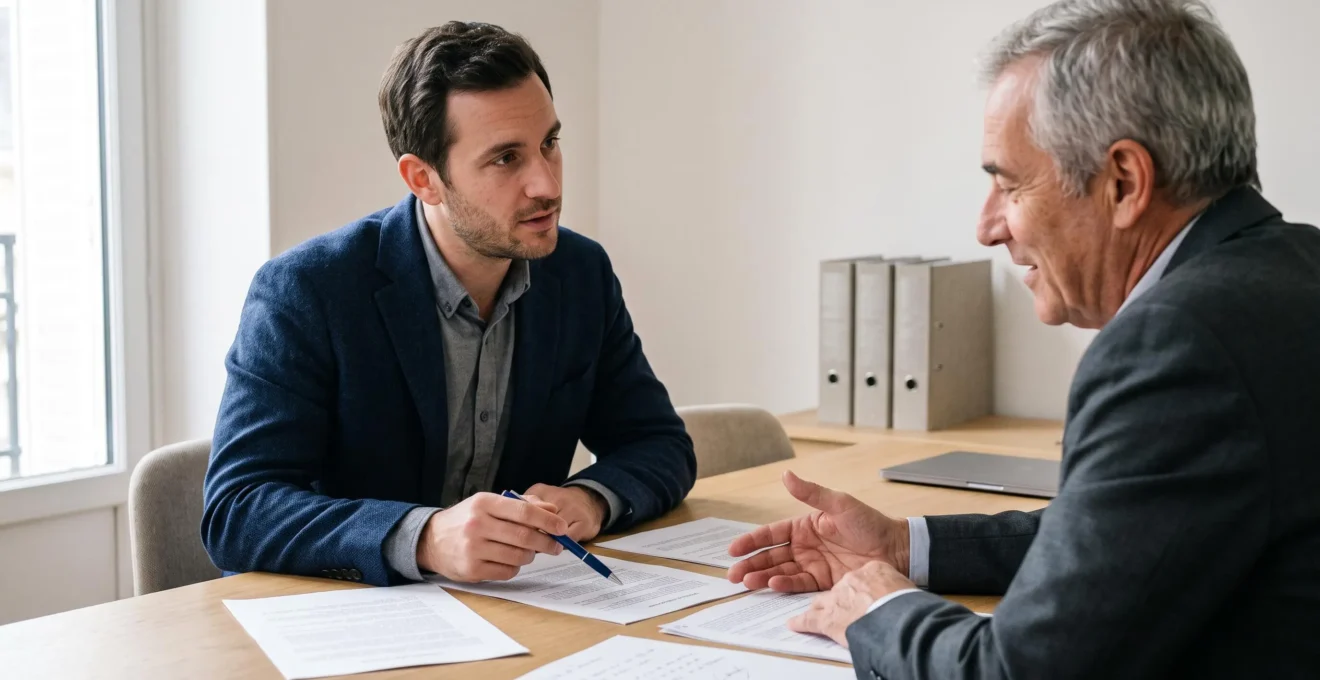 Un entrepreneur compare plusieurs documents juridiques annotés avec un conseiller autour d'une table de réunion dans un bureau lumineux.
