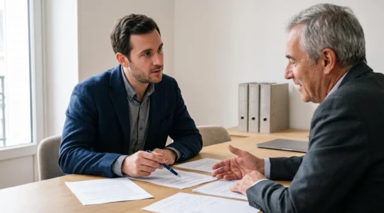 Un entrepreneur compare plusieurs documents juridiques annotés avec un conseiller autour d'une table de réunion dans un bureau lumineux.
