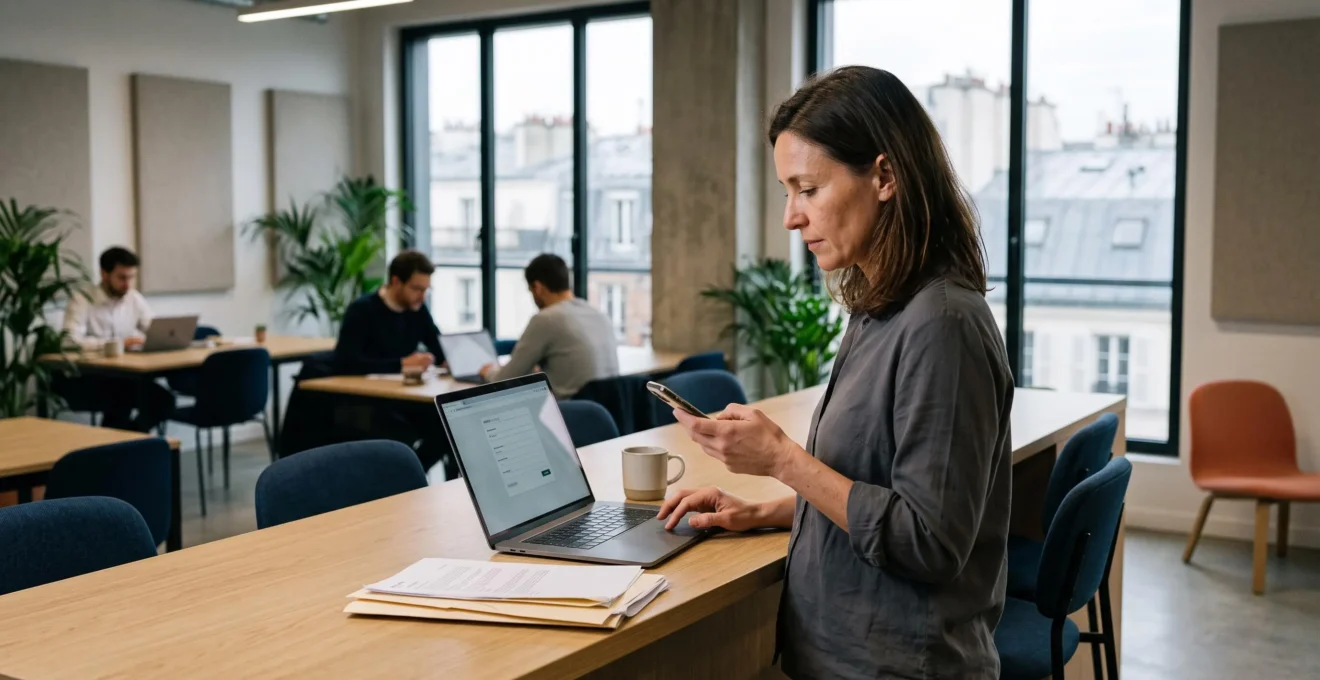 Une entrepreneure debout au compteur d'un espace de coworking complète un formulaire de création d'entreprise en ligne sur un ordinateur portable.