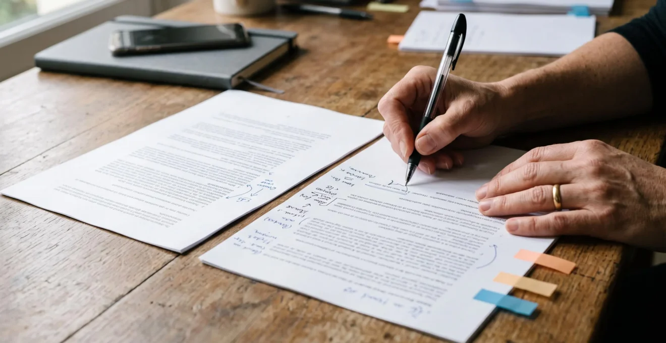 Des mains annotent au stylo deux documents de statuts imprimés posés côte à côte sur un bureau en bois.